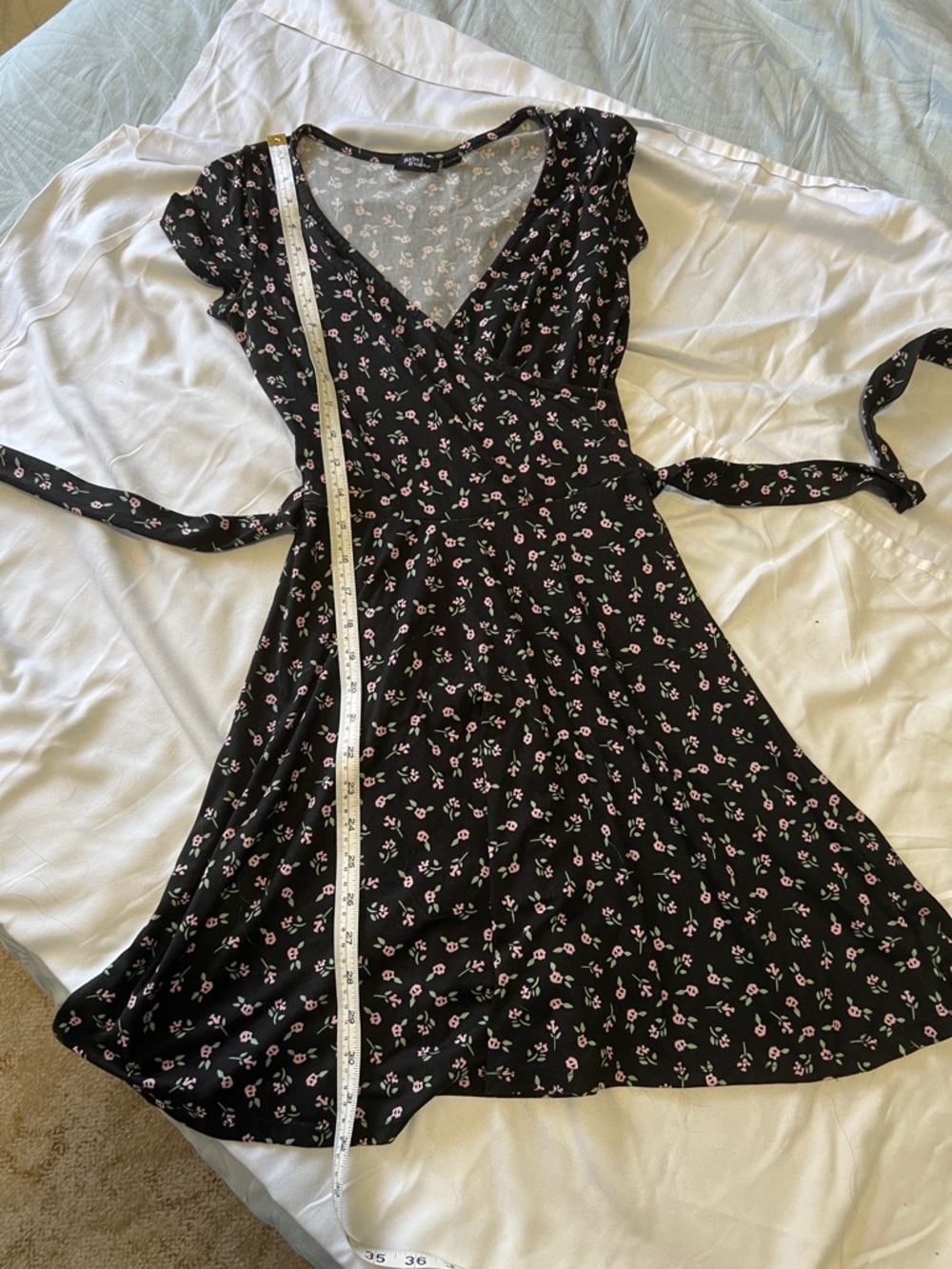 Floral Black Wrap Mini Dress with Pink Print